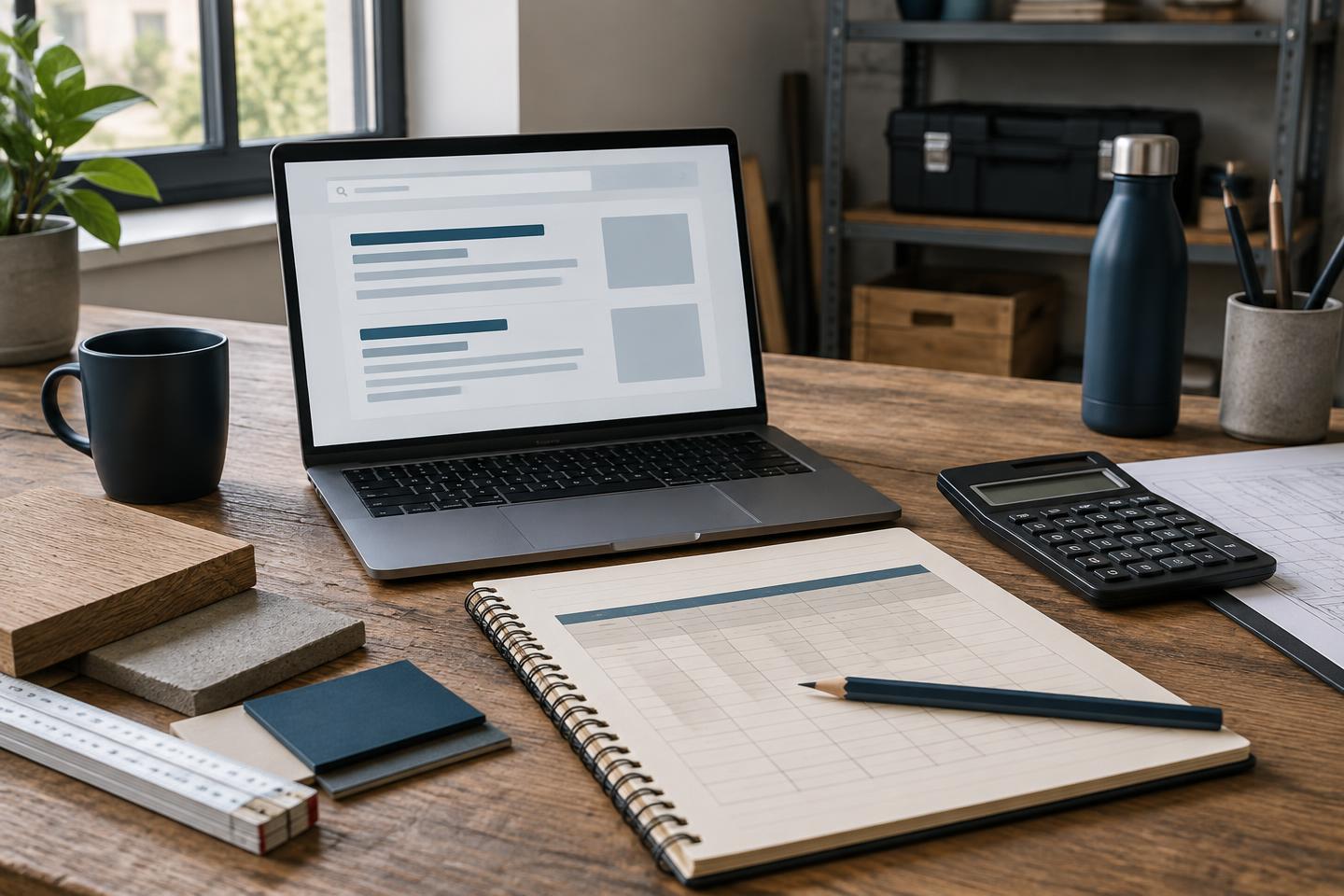 Laptop, Planungsheft und Taschenrechner zur Vorbereitung von Suchanzeigen