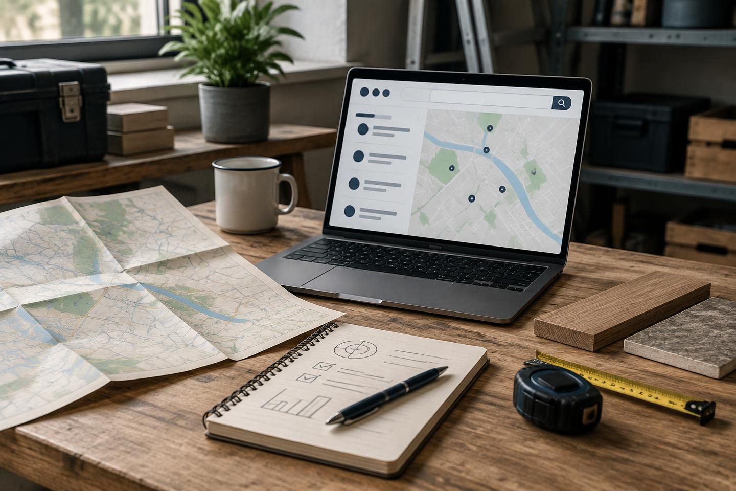 Karte, Notizbuch und Laptop zur Planung regionaler Auffindbarkeit