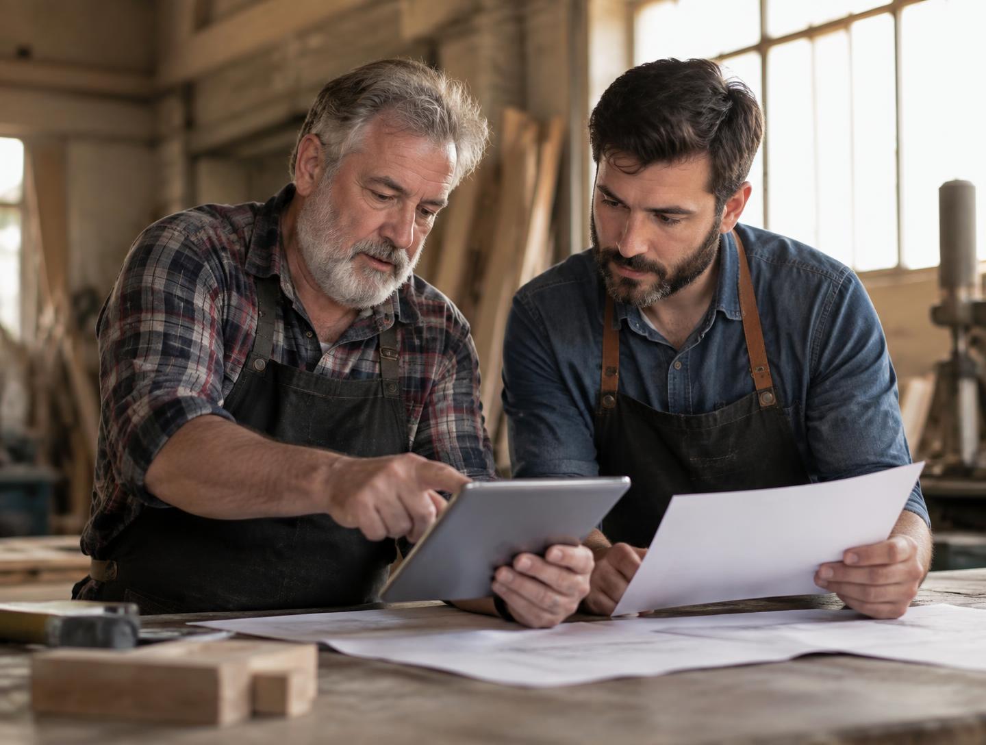 Zwei Handwerker besprechen gemeinsam Pläne und ein Tablet am Werkstatttisch