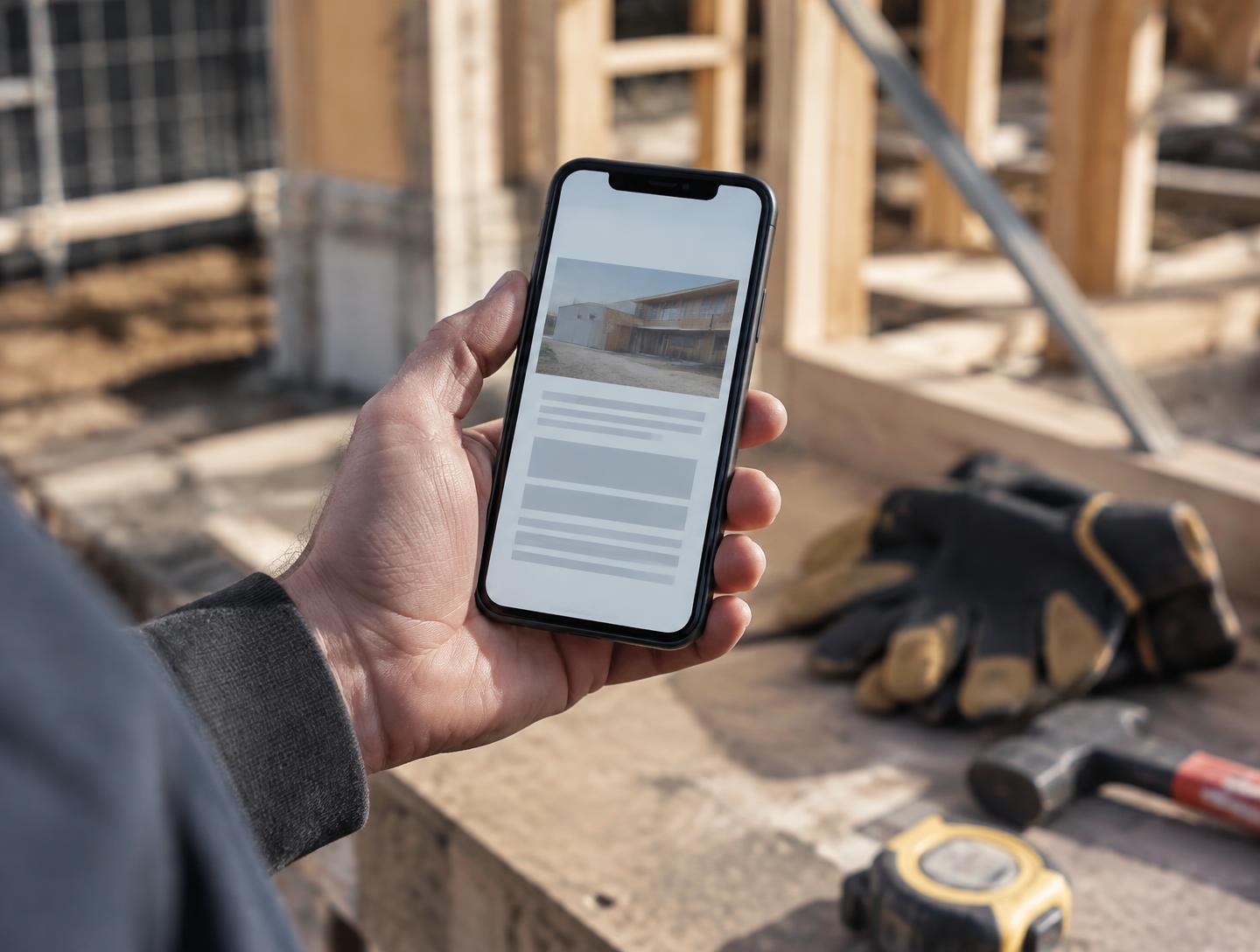 Handwerker hält ein Smartphone mit einer übersichtlichen Website auf der Baustelle